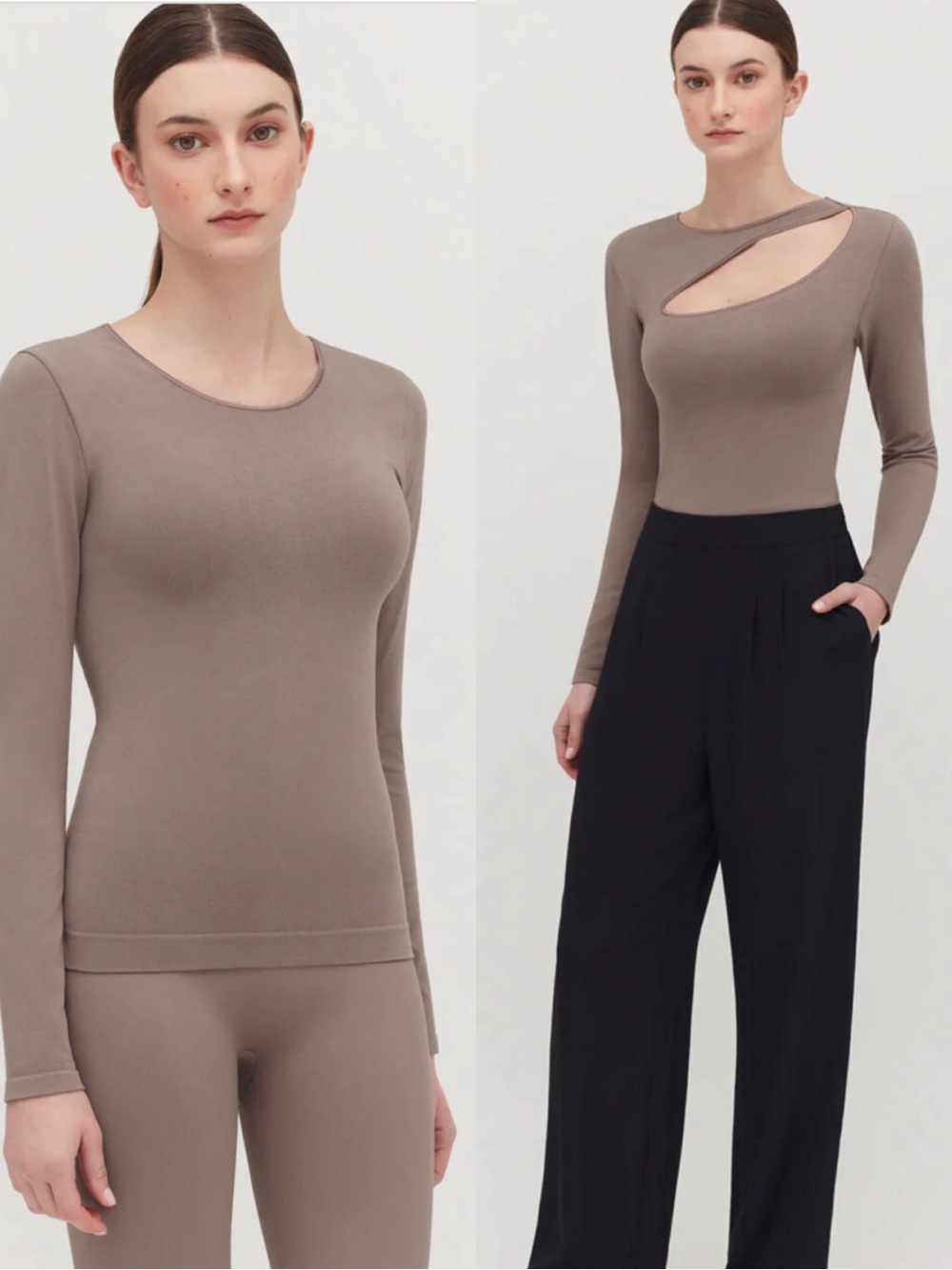 CUYANA Stretch Long Sleeve Tee Taupe Neutral Minimalist Size S/M